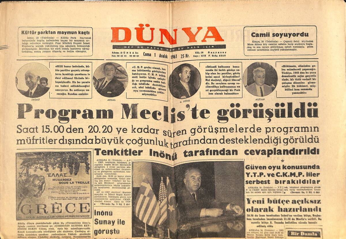 Dünya Gazetesi 1 Aralık 1961 - Devrim Partililer Birbirlerine Girdi - Program Meclis'te Görüşüldü GZ152459 - 1