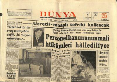 Dünya Gazetesi 1 Aralık 1969 - Personel Kanununun Mali Hükümleri Hallediliyor GZ88951 - 1