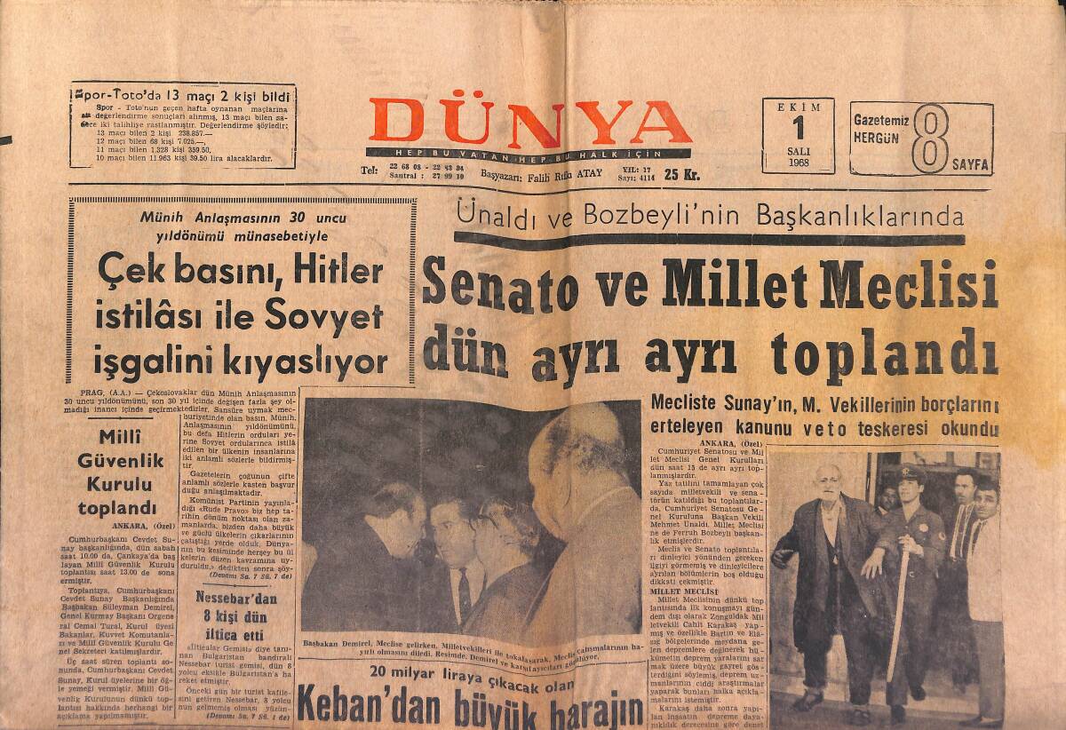 Dünya Gazetesi 1 Ekim 1968 - Keban'dan Büyük Barajın İnşası 1972'de Başlayacak - Yunan Halkı Anayasaya Evet Dedi GZ149588 - 1