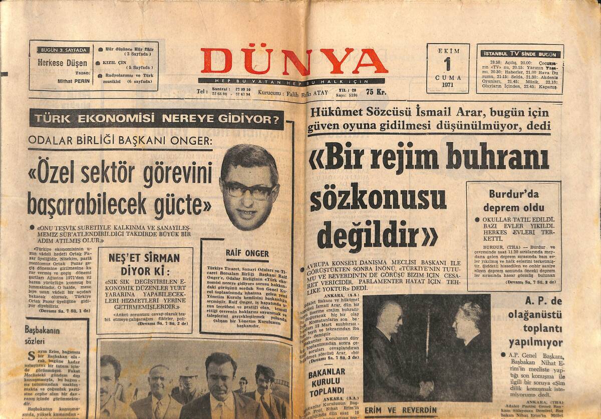 Dünya Gazetesi 1 Ekim 1971 - Türkiye'yi Temsil Eskişehir'e Düştü - Nixon, Gönüllü İşbirliği İstiyor GZ149322 - 1