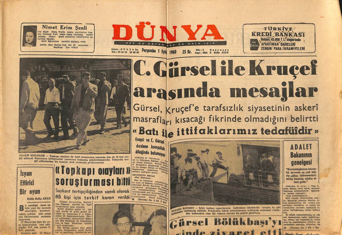 Dünya Gazetesi 1 Eylül 1960 - Lana Turner Evleniyor - Kerim Han'ın Sevgilisi Anuşka GZ152187 - 1