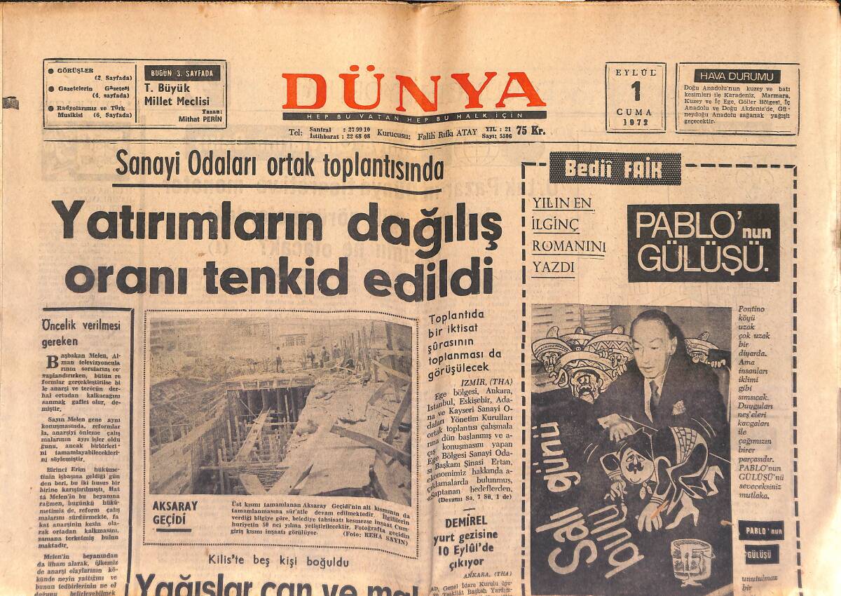 Dünya Gazetesi 1 Eylül 1972 - Yeşilköy Havalimanının Kapasitesi , Yılda 20 Milyon Yolcuya Çıkarılıyor GZ149605 - 1
