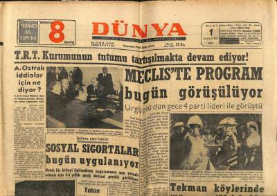 Dünya Gazetesi 1 Mart 1965 - Sosyal Sigortalar Bugün Uygulanıyor GZ61077 - 2