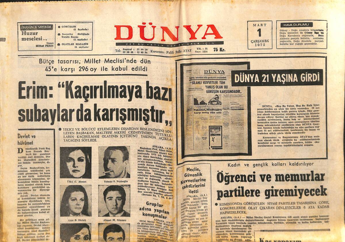 Dünya Gazetesi 1 Mart 1972 - Türk Otomotiv Sanayii Elektrik Donanımı Yapıyor - TV Yarın Reklamları Yayınlıyor GZ148280 - 1
