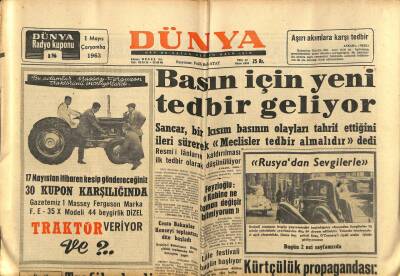 Dünya Gazetesi 1 Mayıs 1963 - Basın İçin Yeni Tedbir Geliyor GZ59981 - 2