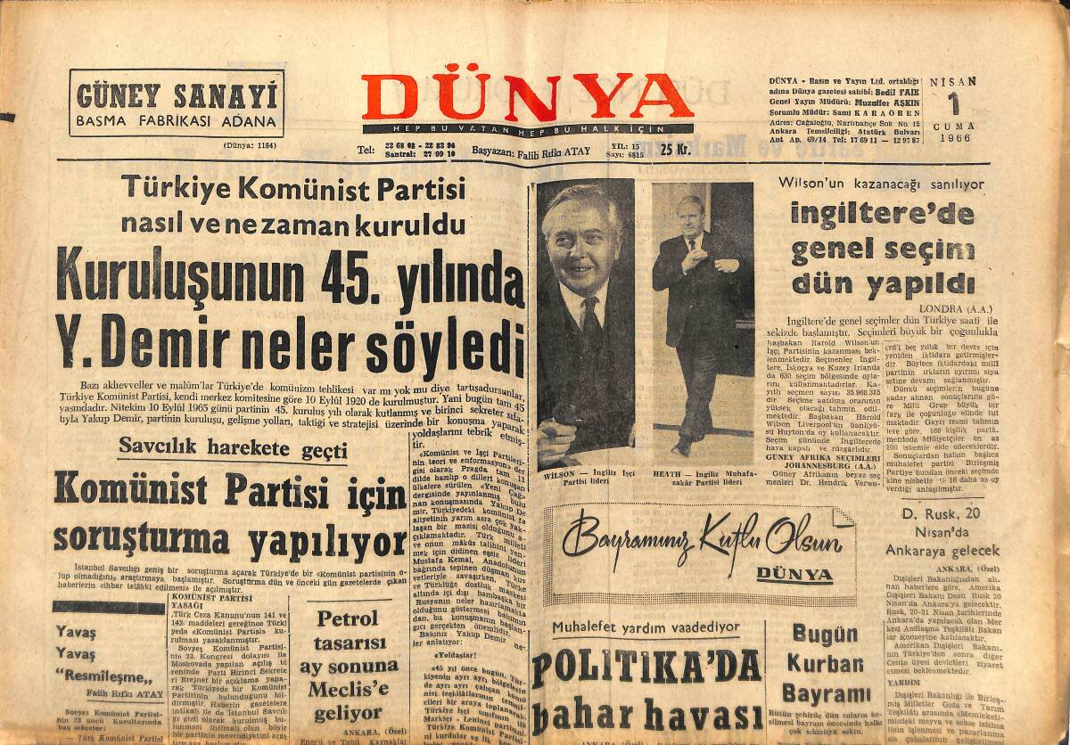 Dünya Gazetesi 1 Nisan 1966 - İngiltere'de Genel Seçim Dün Yapıldı - Zennube Ağır Yaralandı GZ149528 - 1