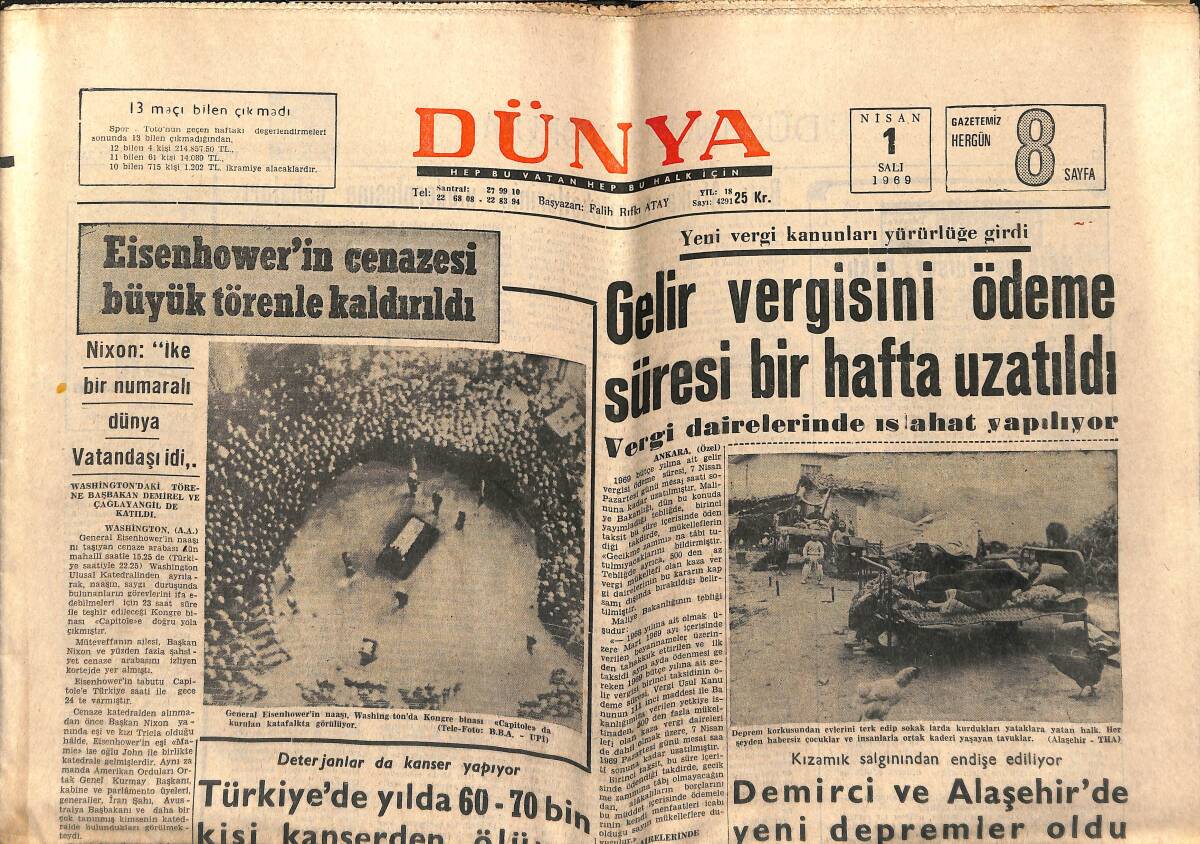 Dünya Gazetesi 1 Nisan 1969 - Eisenhower'in Cenazesi Büyük Törenle Kaldırıldı - Jane Fonda'ya 40 Ahiret Suali GZ151071 - 1