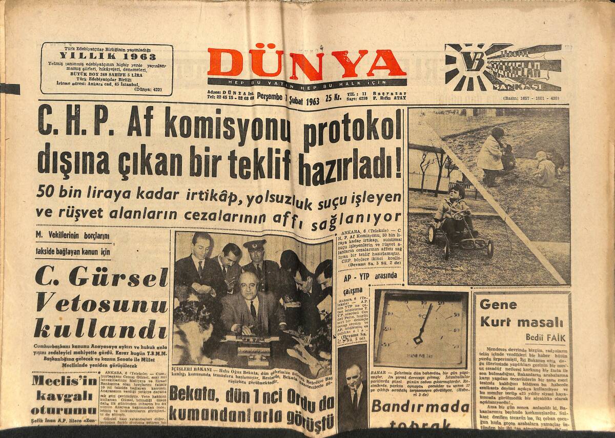Dünya Gazetesi 1 Şubat 1963 - Galatasaray Şansını Kaybetti - C. Gürsel Vetosunu Kullandı GZ152388 - 1