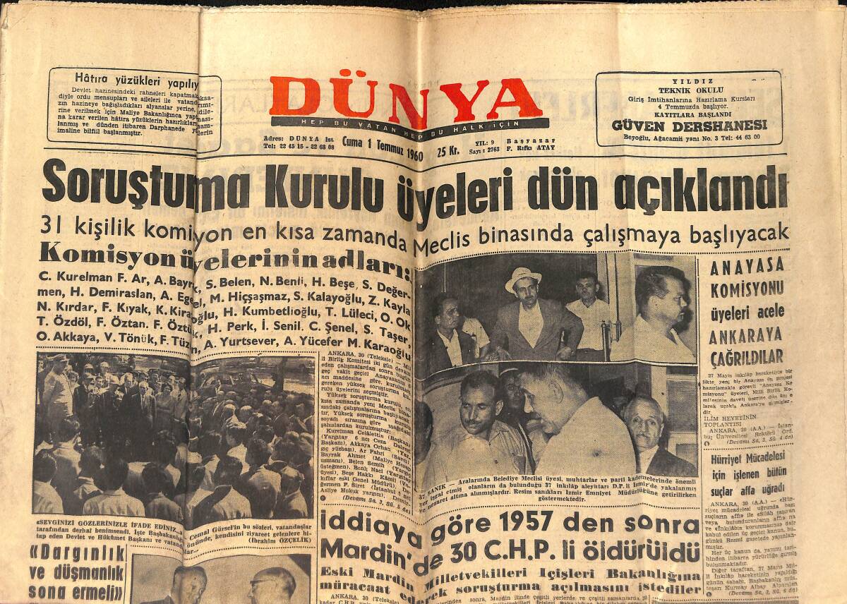 Dünya Gazetesi 1 Temmuz 1960 - Soruşturma Kurulu Üyeleri Dün Açıklandı - Bursa Valisi Çağlıyangilin R. Türeliye Mektubu GZ153979 - 1