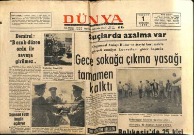 Dünya Gazetesi 1 Temmuz 1970 - Gece Sokağa Çıkma Yasağı Tamamen Kalktı GZ68126 - 2
