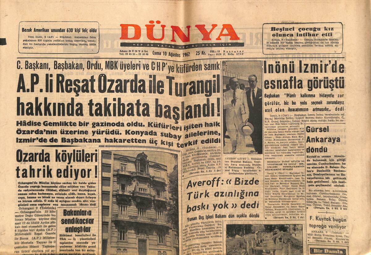 Dünya Gazetesi 10 Ağustos 1962 - A.P.'li Reşat Özarda İle Turangil Hakkında Takibata Başlandı ! GZ151253 - 1