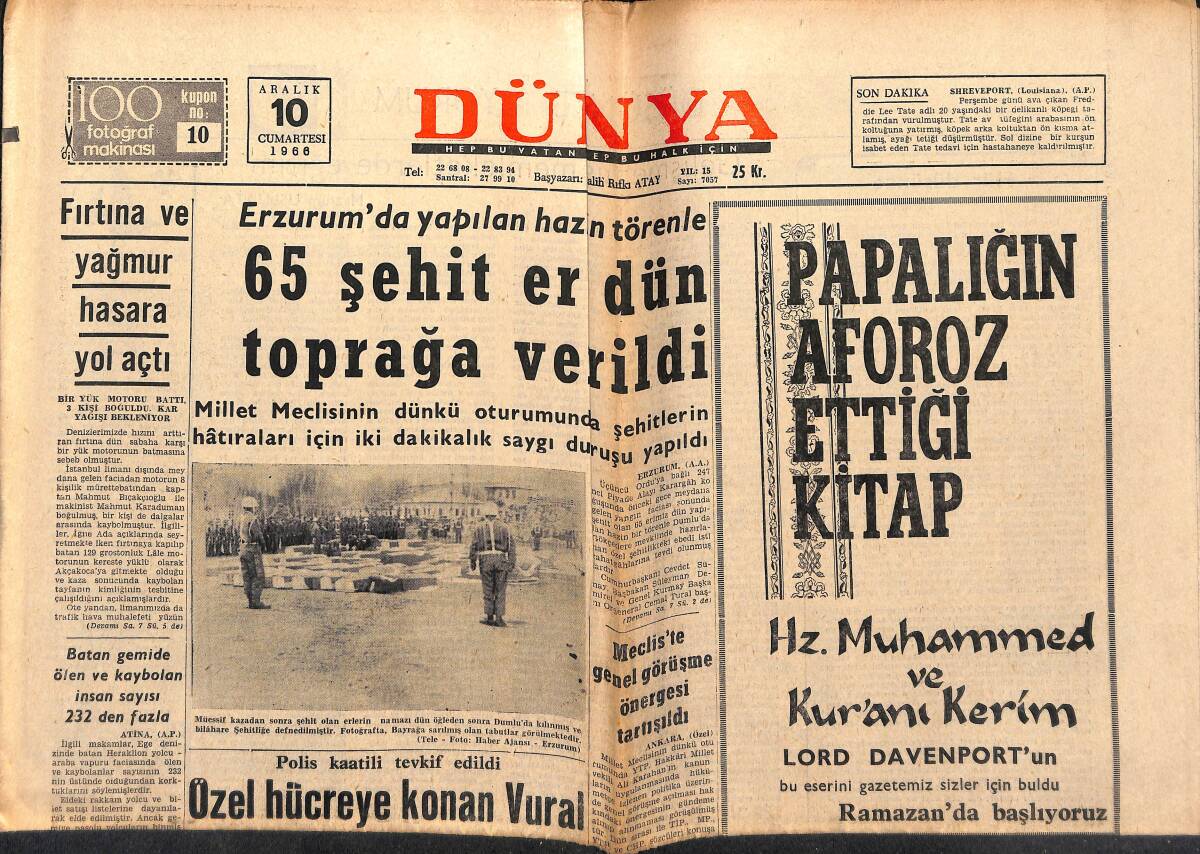 Dünya Gazetesi 10 Aralık 1966 - Parisliler Bir Aydan Beri James Dean'ın Hatırasını Anıyor - 65 Şehit Er Toprağa Verildi GZ151043 - 1