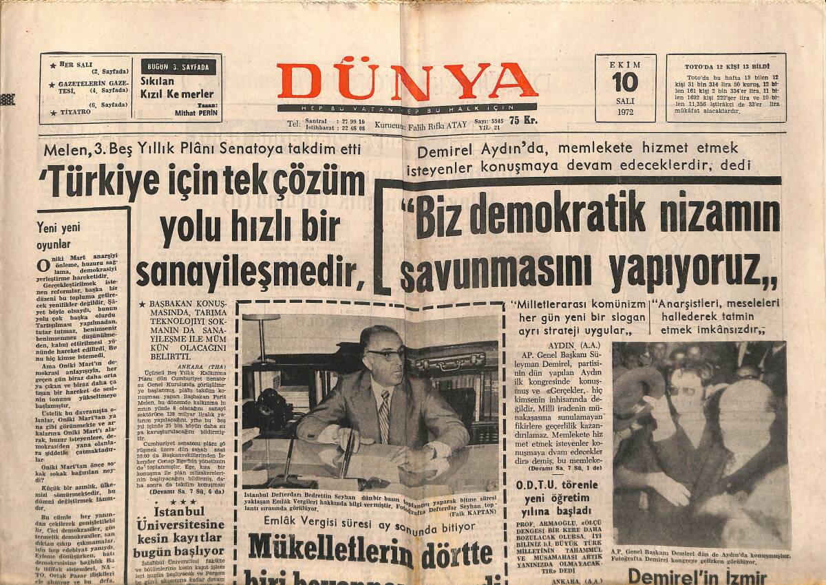 Dünya Gazetesi 10 Ekim 1972 - Dünyanın En Ünlü Çifti Liz Ve Burton - Shakespeare Flaman Asıllı Bir Casusmuş GZ149337 - 1