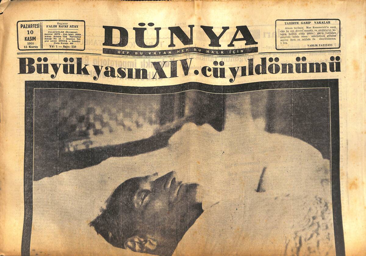Dünya Gazetesi 10 Kasım 1952 - Büyük Yasın 14.Yıldönümü - Birleşmiş Milletler Mühim Görüşmeler GZ133397 - 1