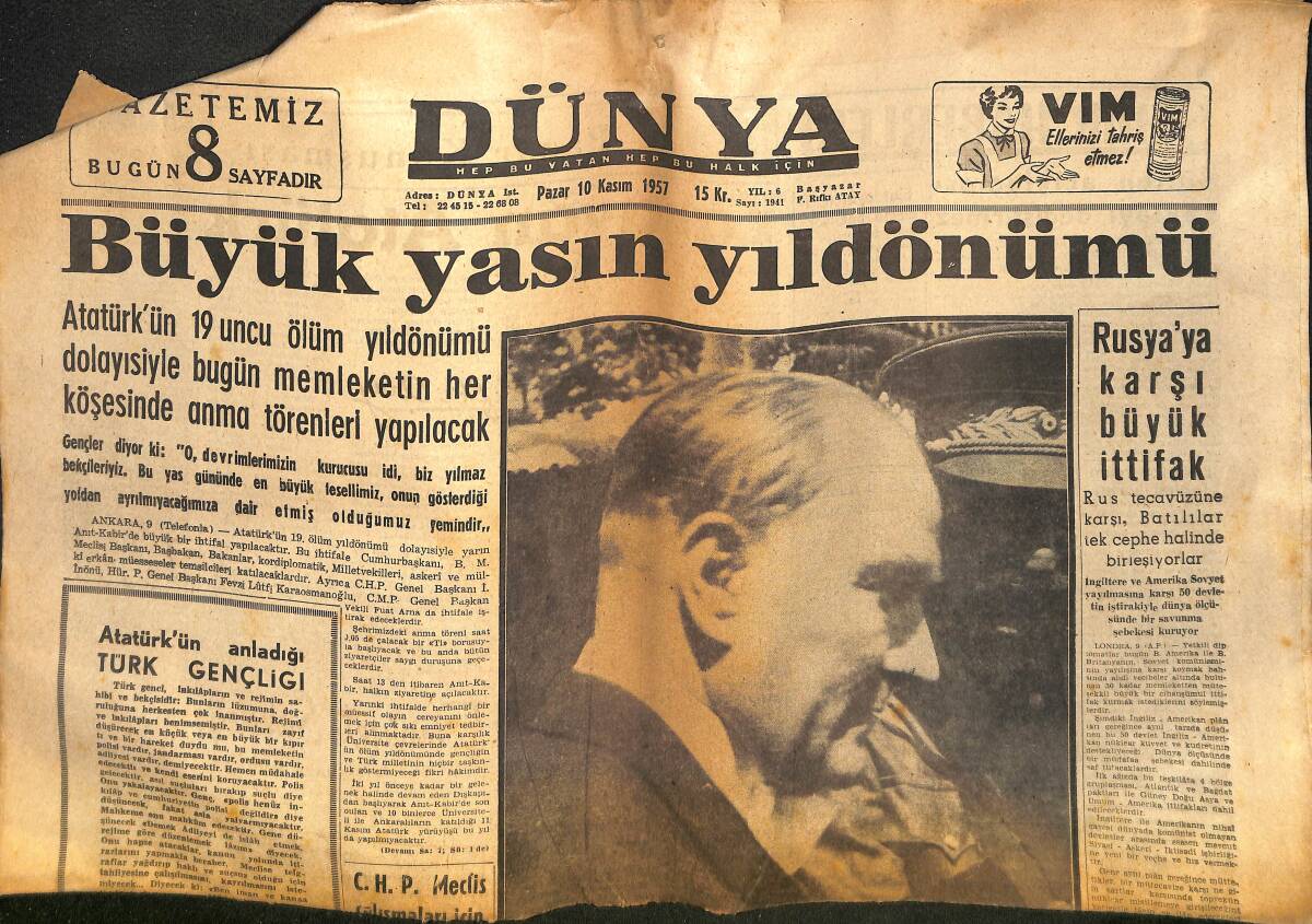 Dünya Gazetesi 10 Kasım 1957 - Büyük Yasın Yıldönümü - Federasyon Kupası Dün Başladı - Rusya'ya Karşı Büyük İttifak GZ133393 - 1