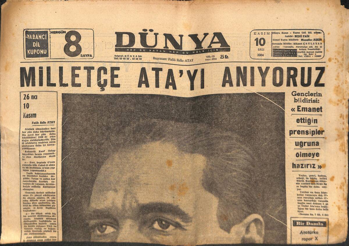 Dünya Gazetesi 10 Kasım 1964 - Milletçe Atamızı Anıyoruz GZ133950 - 1