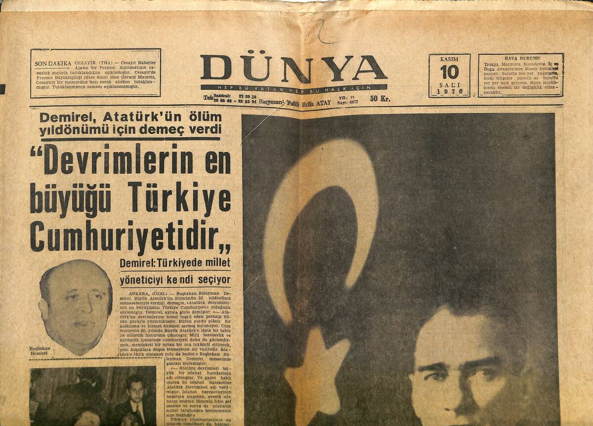 Dünya Gazetesi 10 Kasım 1970 - Atatürk'ü Bütün Yurtta Anıyoruz GZ148112 - 1