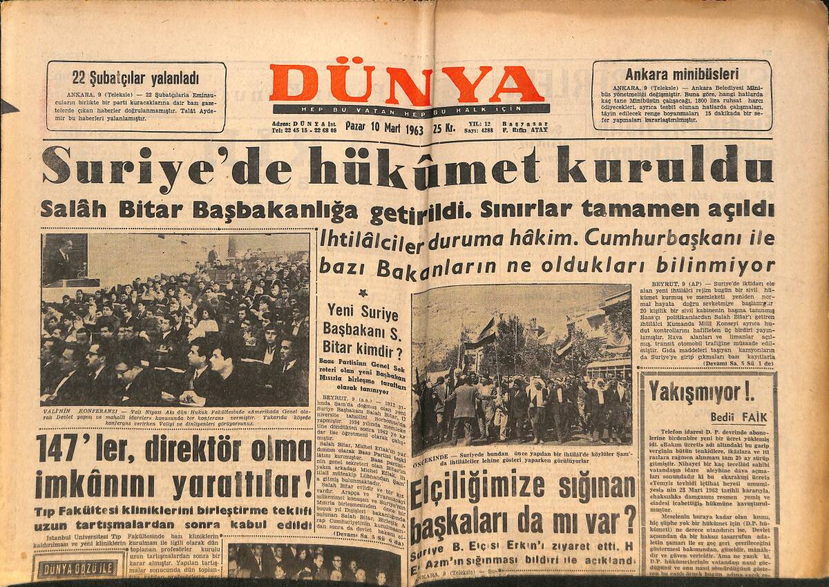 Dünya Gazetesi 10 Mart 1963 - Irak'ta Üç Komünist İdam Edildi - Suriye'de Hükümet Kuruldu GZ150521 - 1