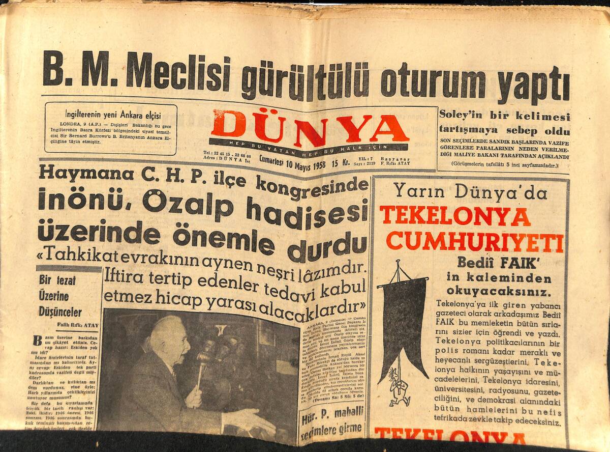 Dünya Gazetesi 10 Mayıs 1958 - İnönü, Özalp Hadisesi Üzerinde Önemle Durdu - Ankara Ticaret Odası Hakkında Haberler GZ152233 - 1