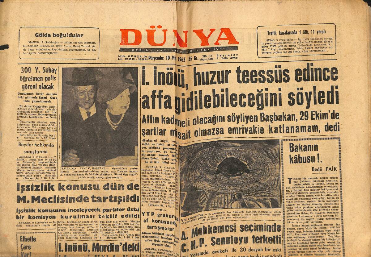 Dünya Gazetesi 10 Mayıs 1962 - Galatasaray Dün Gece Feriköy'e Takıldı - Kıbrıslı Liderlerden Şikayet GZ150999 - 1