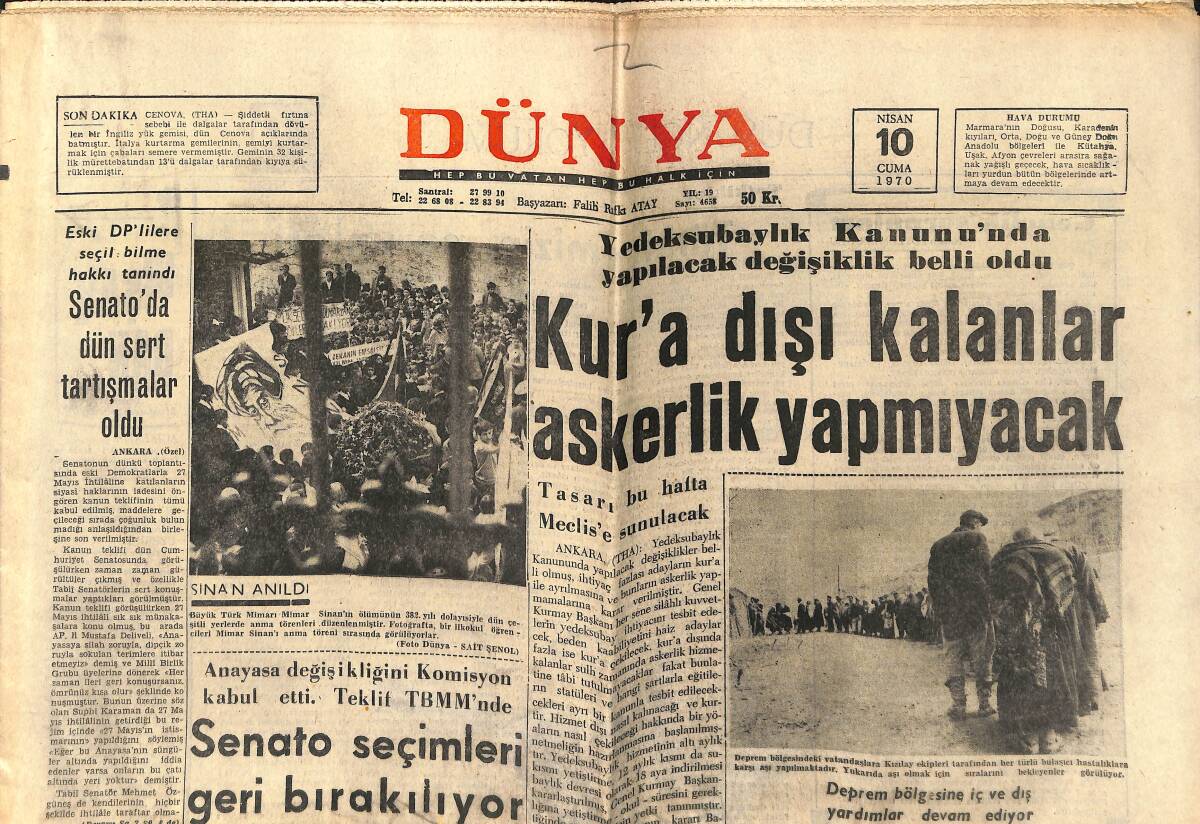 Dünya Gazetesi 10 Nisan 1970 - Mediha Şen Sahneye Çıkıyor - Nesrin Sipahi İstanbul'a Döndü - Kamacı, Avrupa Birincisini Dövdü GZ150942 - 1