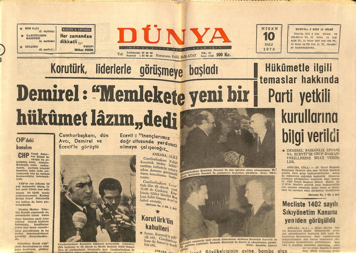 Dünya Gazetesi 10 Nisan 1973 - Marmara Ekici Tütün Piyasası Açıldı - Korutürk'ün Kabulleri GZ148135 - 1