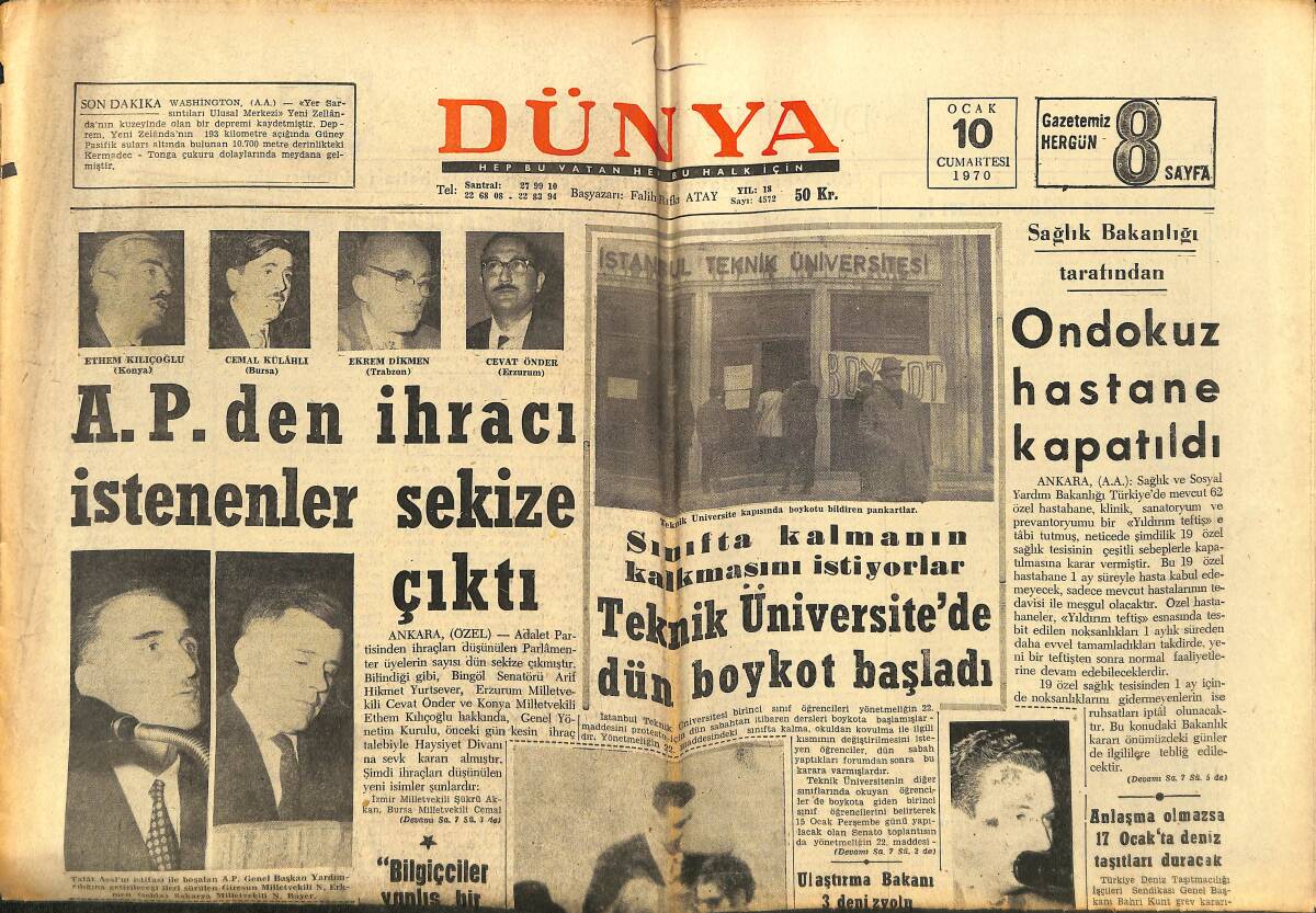 Dünya Gazetesi 10 Ocak 1970 - A.P.'den İhracı İstenenler Sekize Çıktı - Gripten Birçok İlde Okullar Kapatıldı GZ148282 - 1