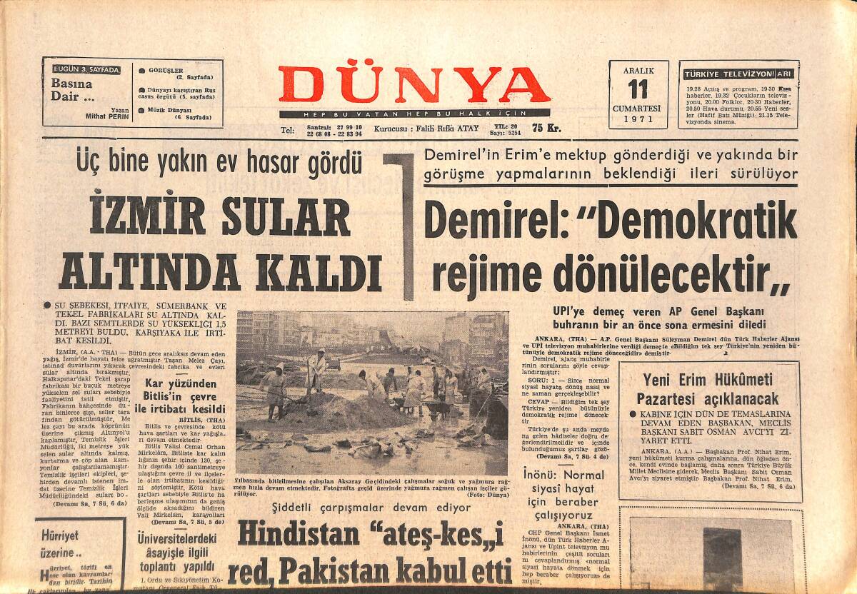 Dünya Gazetesi 11 Aralık 1971 - İzmir Sular Altında Kaldı - Gina Lollobrigida, David Niven'le GZ143651 - 1