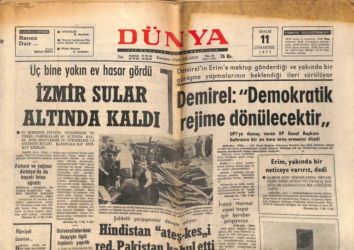 Dünya Gazetesi 11 Aralık 1971 - İzmir Sular Altında Kaldı - Gina Lollobrigida, David Niven'le GZ148204 - 1