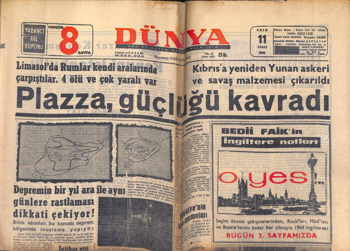 Dünya Gazetesi 11 Ekim 1964 - Kasım Gülek Af Edilmesini İstedi - Cemal Sait Barlas Bir Kazada Öldü GZ146048 - 1