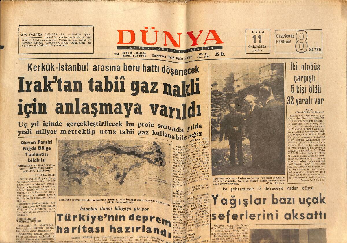 Dünya Gazetesi 11 Ekim 1967 - Irak'tan Tabii Gaz Nakli İçin Anlaşmaya Varıldı - Farah Diba'nın En Güzel Günü GZ152392 - 1