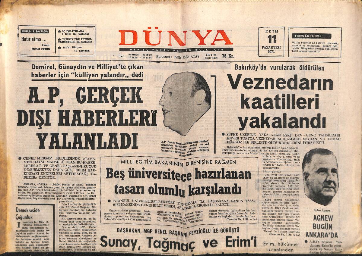 Dünya Gazetesi 11 Ekim 1971 - A.P. Gerçek Dışı Haberleri Yalanladı - İETT'de Personel Yokluğu GZ149464 - 1
