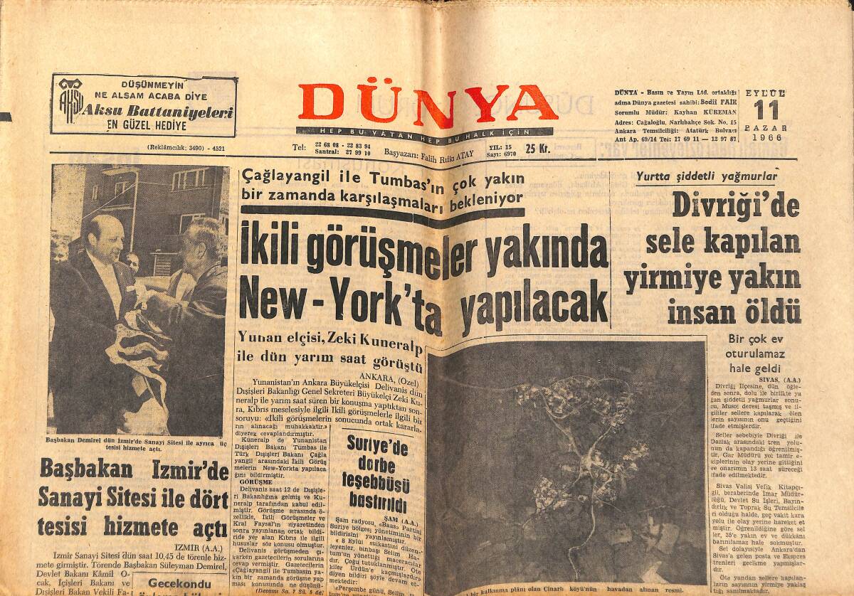 Dünya Gazetesi 11 Eylül 1966 - Clay, Gene Galip - Başbakan İzmir'de Sanayi Sitesi İle Dört Tesisi Hizmete Açtı GZ151041 - 1
