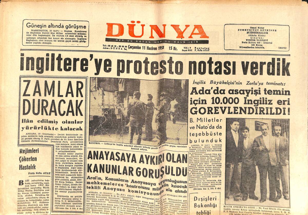 Dünya Gazetesi 11 Haziran 1958 - İngiltere'ye Protesto Notası Verdik - De Gaulle'den Partilerin Kapatılması İsteniyor GZ150420 - 1