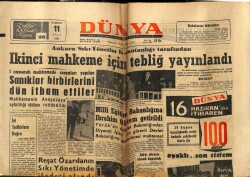 Dünya Gazetesi 11 Haziran 1963 - Ankara Sıkıyönetim Komutanlığı Tarafından 2.Mahkeme İçin Tebliğ Yayınlandı GZ59982 - 2