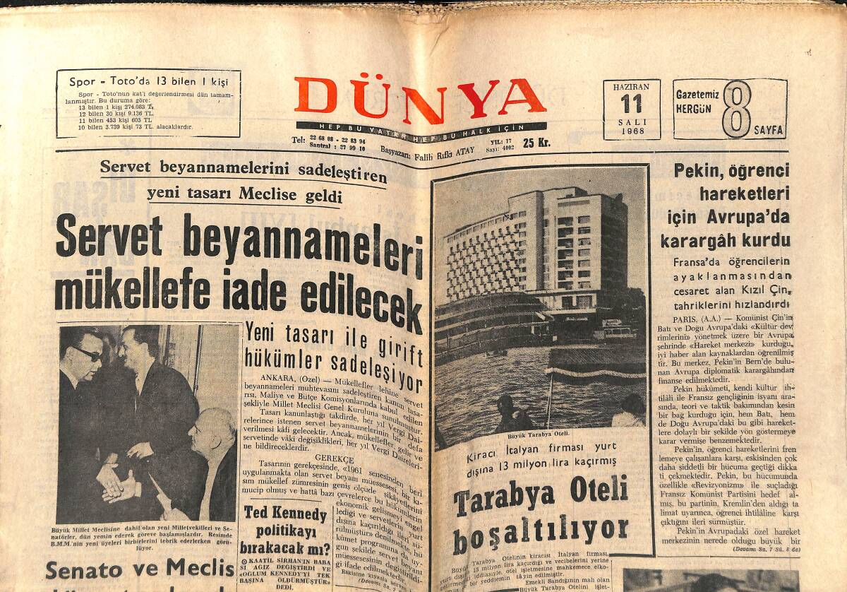 Dünya Gazetesi 11 Haziran 1968 - Ted Kennedy Politikayı Bırakacak Mı - Doludizgin Yaşamak İsterken Hayata Doyamayan Linda GZ151066 - 1