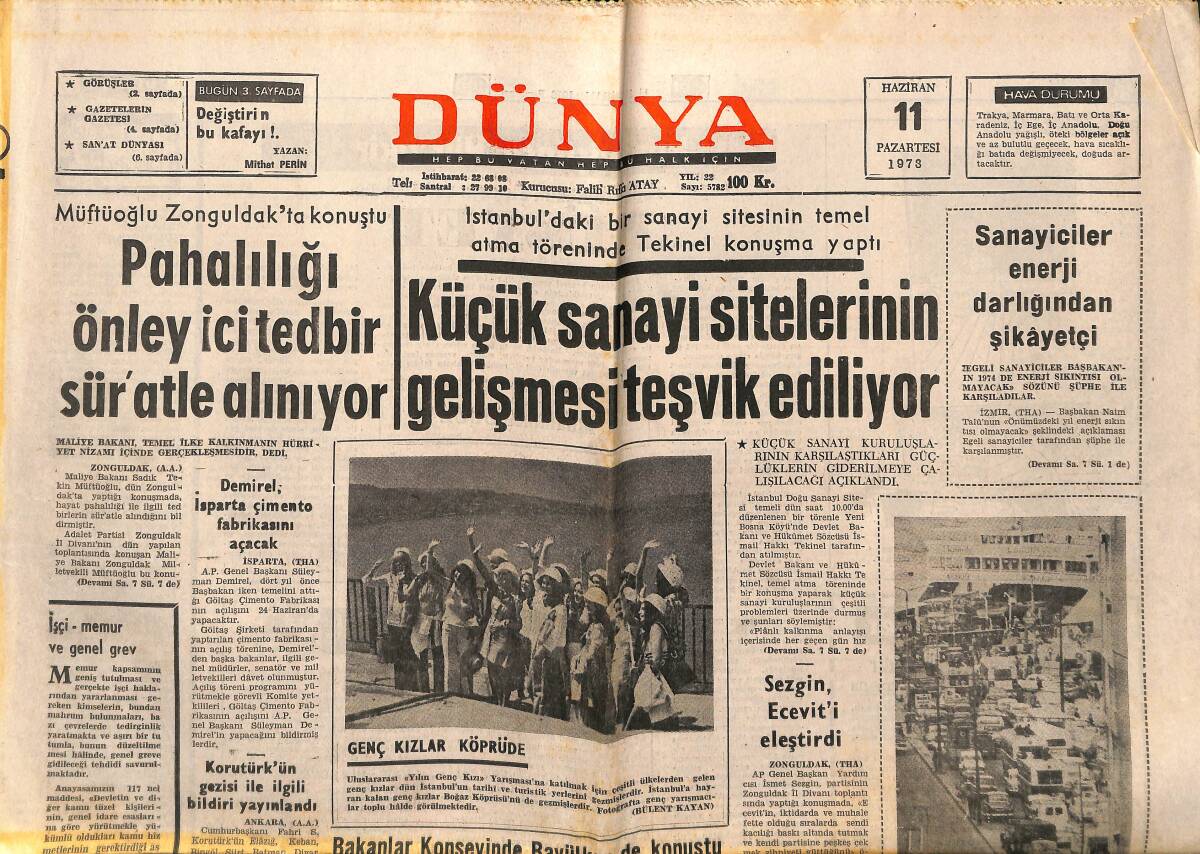 Dünya Gazetesi 11 Haziran 1973 - Cemal Tural M.P. Genel Başkanı Oldu - Akçay Tatil Köyü Gezi Programına Alındı GZ149246 - 1