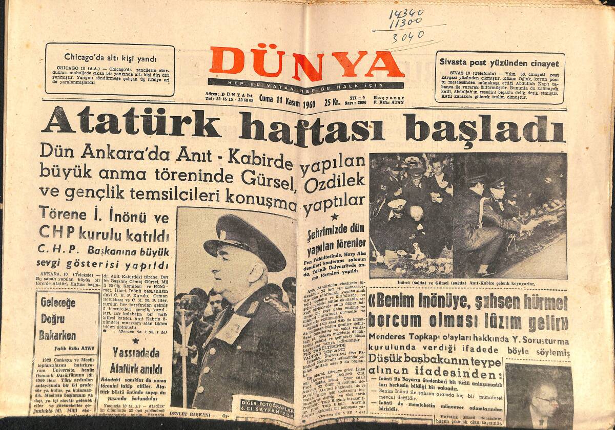 Dünya Gazetesi 11 Kasım 1960 - Yassıada'da Atatürk Anıldı - Kennedy'nin Seçilmesinin Tepkileri GZ150893 - 1
