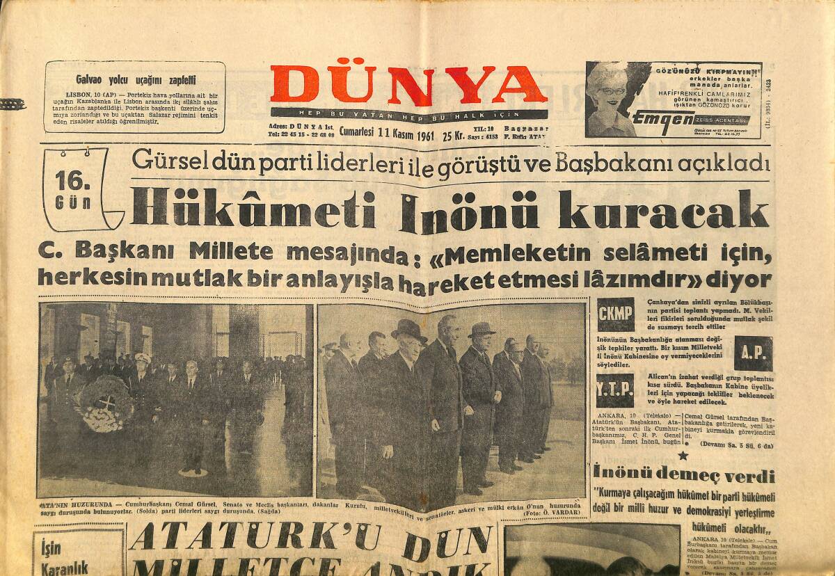 Dünya Gazetesi 11 Kasım 1961 - A.F Başgil Ankara'da - Hükümeti İnönü Kuracak GZ148122 - 1