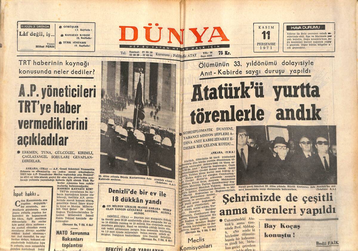 Dünya Gazetesi 11 Kasım 1971 - Atatürk Yurtta Törenle Anıldı - Mine Mutlu 150 Bin Liraya Kostüm Almaya Paris'e Gitti GZ151074 - 1
