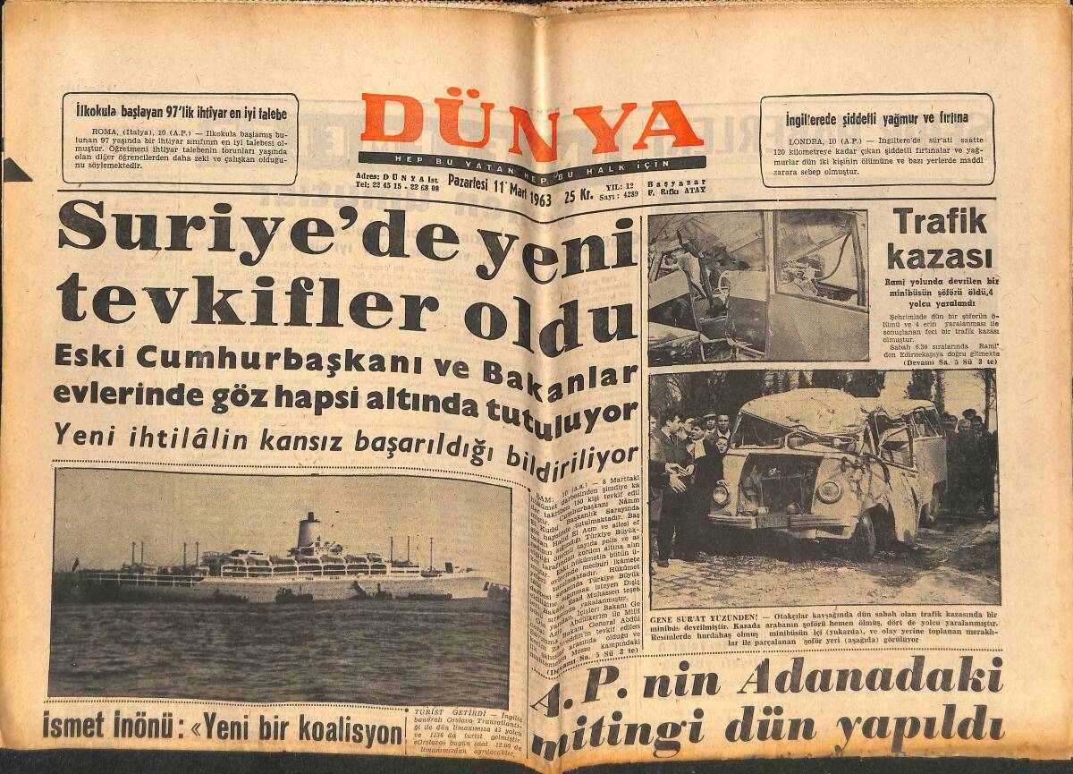 Dünya Gazetesi 11 Mart 1963 - Celal Bayar Tahliye Ediliyor Mu - Kızıl Çin'le Rusya Arasında Sınır Anlaşmazlığı Mı? GZ151086 - 1
