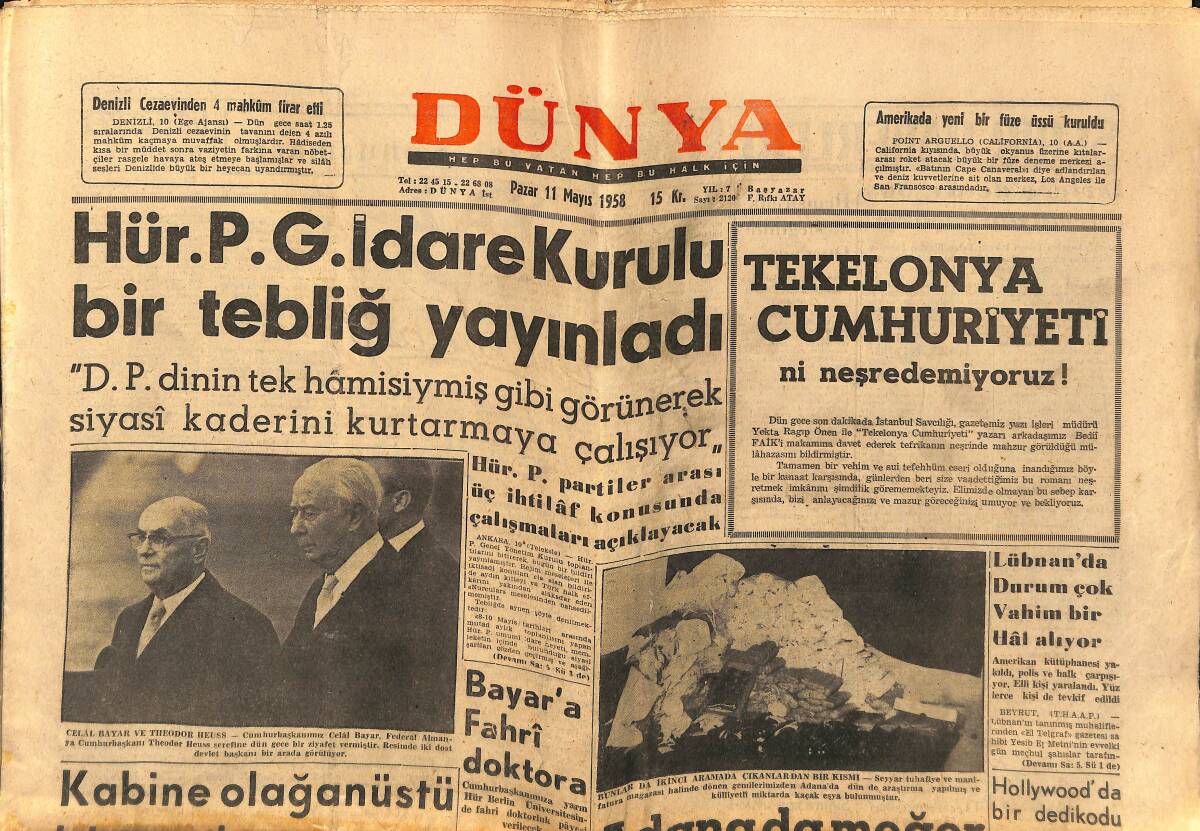 Dünya Gazetesi 11 Mayıs 1958 - İran Şahı Arazisini Köylülere Dağıtıyor - Hollywood'da Bir Dedikodu GZ152234 - 1