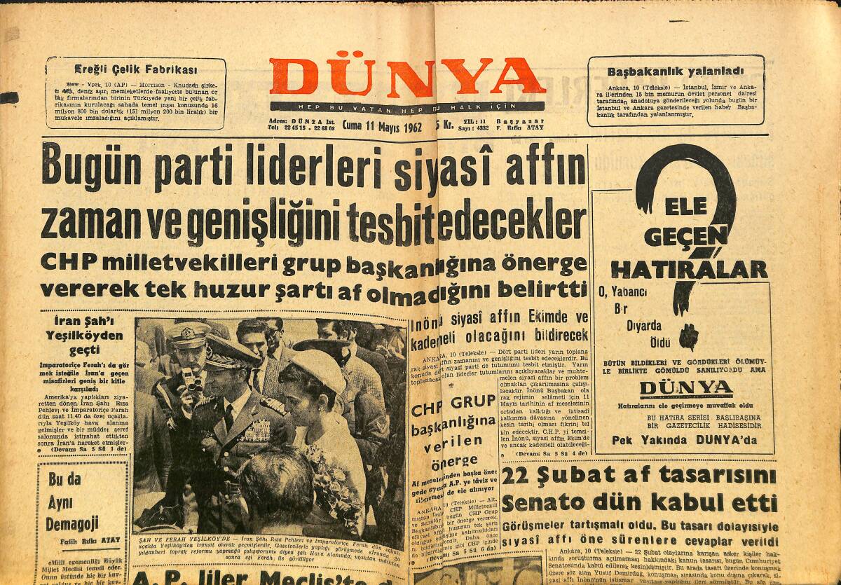 Dünya Gazetesi 11 Mayıs 1962 - Şah Ve Farah Yeşilköy'de - Rejisör Hossein'in Brigitte Bardot'ya Oyunu GZ148181 - 1