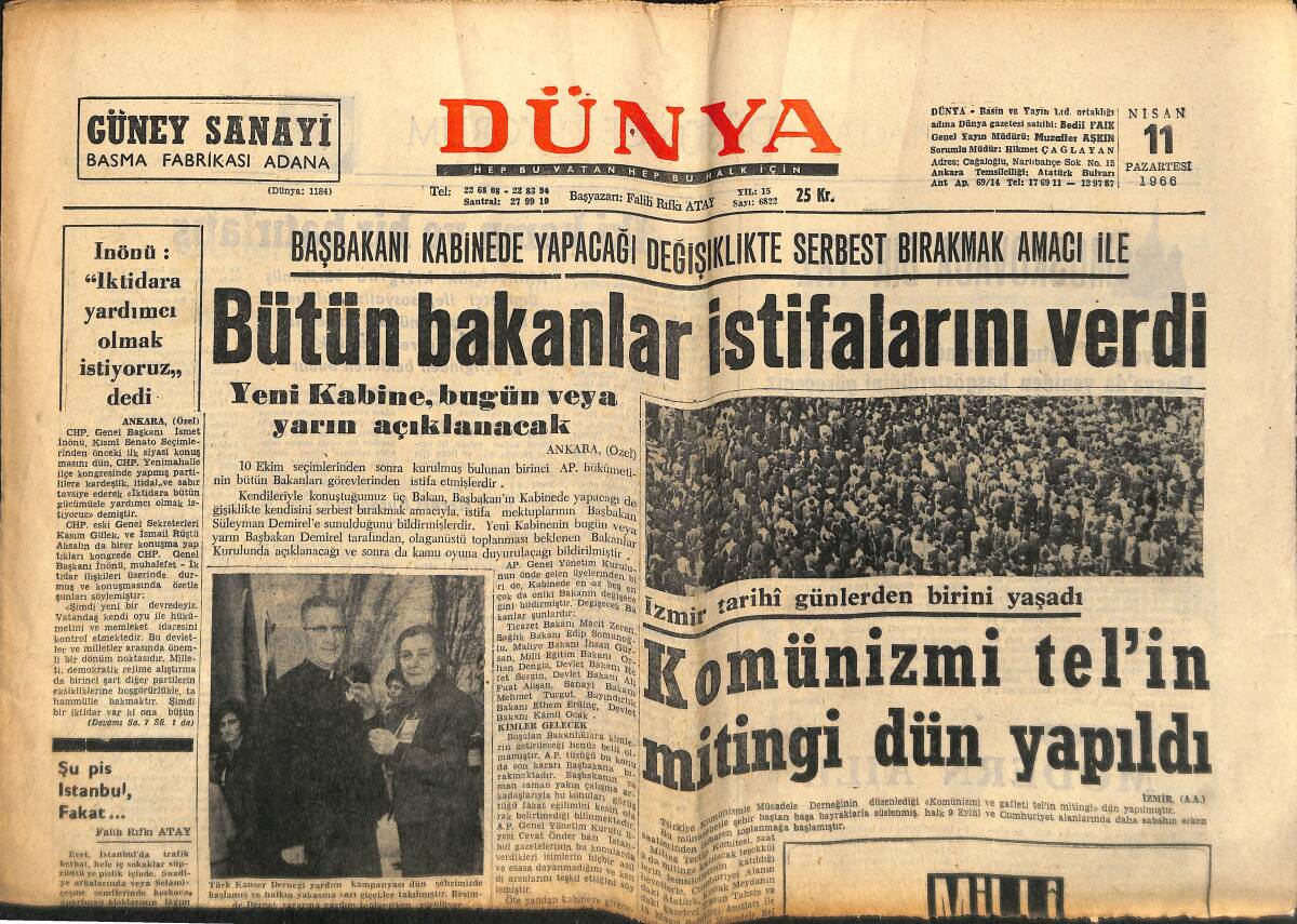 Dünya Gazetesi 11 Nisan 1966 - Bütün Bankalar İstifalarını Verdi - Türk Milli Voleybol Takımı Finalde GZ149523 - 1