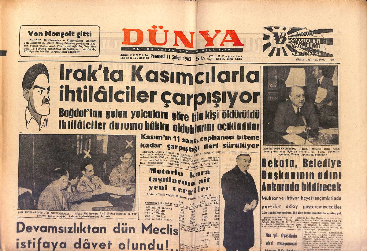 Dünya Gazetesi 11 Şubat 1963 - Kızılay Kongresinde Partizanlık Yüzünden Kavga Ettiler - Irak'ta Kasımcılarla İhtilâlciler Çarpışıyor GZ149595 - 1