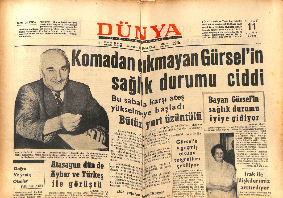 Dünya Gazetesi 11 Şubat 1966 - Komadan Çıkmayan Gürsel'in Sağlık Durumu Ciddi - Fenerbahçe Marşı Yarışması GZ150913 - 1