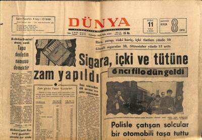 Dünya Gazetesi 11 Şubat 1969 - Sigara İçki Ve Tütüne Zam Yapıldı GZ66992 - 1