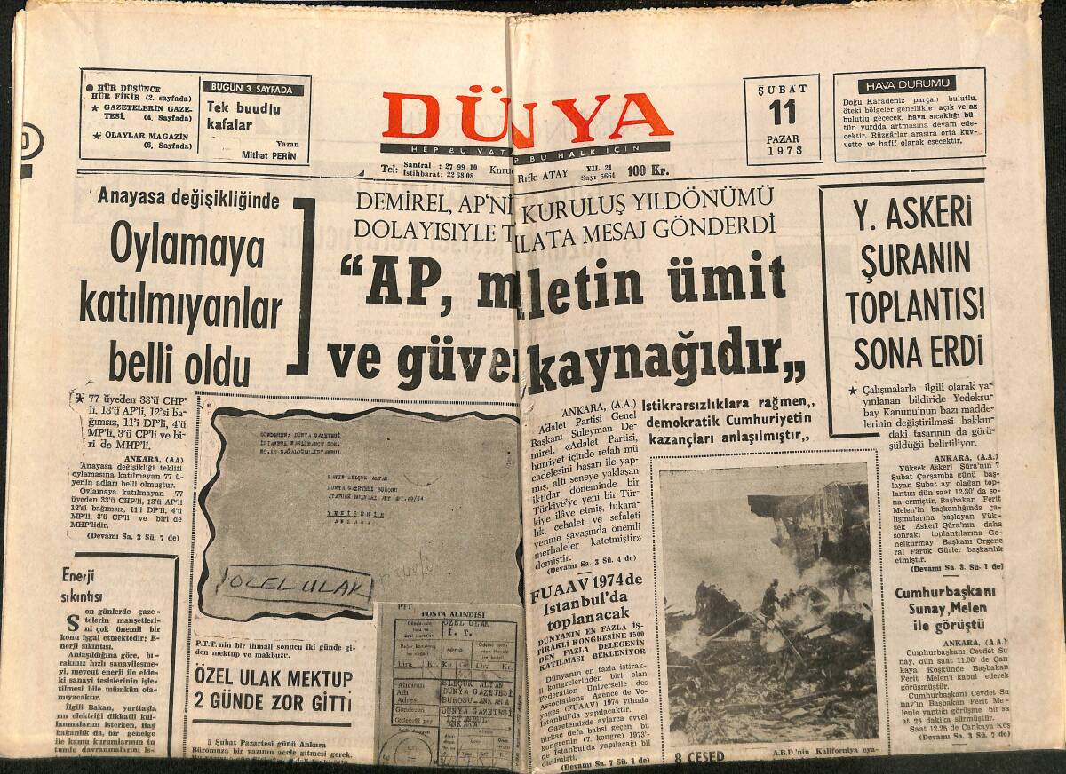 Dünya Gazetesi 11 Şubat 1973 - Y. Askeri Şuranın Toplantısı Sona Erdi - Avrupa Yatırım Bankası Başkanı Yurdumuza Geldi GZ148291 - 1