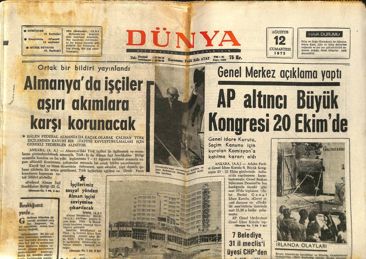 Dünya Gazetesi 12 Ağustos 1972 - Prens Charles'in Yeni Arkadaşı - Grand Funk 3 Yıl Daha Ayrılmayacak GZ147961 - 1