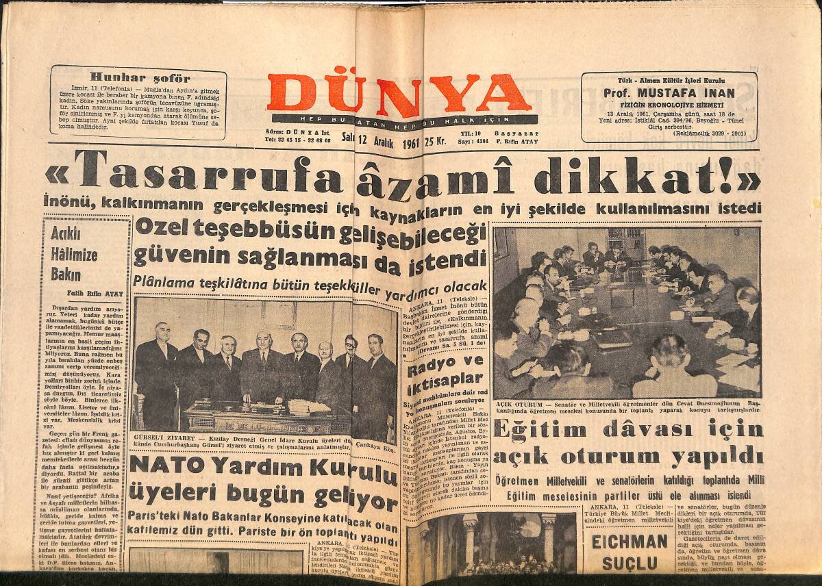 Dünya Gazetesi 12 Aralık 1961 - NATO Yardım Kurulu Üyeleri Bugün Geliyor - Rodosta Kefaletle Serbest Bırakıldı GZ152470 - 1